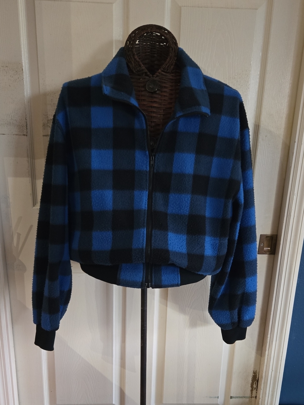 Women's Blue Plaid Fleece Zip-Up Jacket-XL